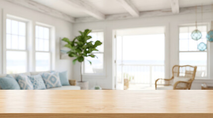 Fototapeta premium Empty Wooden Table Top Surface Background with Blurred Coastal Living Room Interior for Product Display Mockup