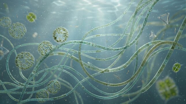 Scientific illustration of spherical green algae colonies and long cyanobacteria filaments thriving in a bright freshwater micro ecosystem