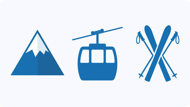 Minimal flat vector winter travel icons with mountain peak, cable car lift, and ski equipment. Ideal for ski resort branding, alpine tourism, winter vacation posters, and sports infographic design.