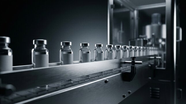 Depth of field view of empty glass vaccine vials queuing on a metallic automated track heading into a high tech pharmaceutical capping machine