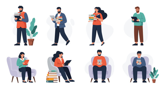 Set of diverse people reading books and using digital tablets in various sitting and standing poses for education.