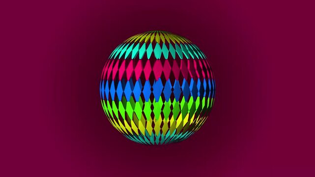 Rotating colorful 3 d sphere with vibrant patterns on dark background