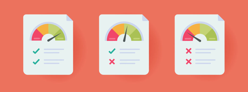 Credit score performance gauge level report document icon vector set with bad good evaluation rating indicator modern simple minimal graphic flat illustration, low high speed or risk meter progress
