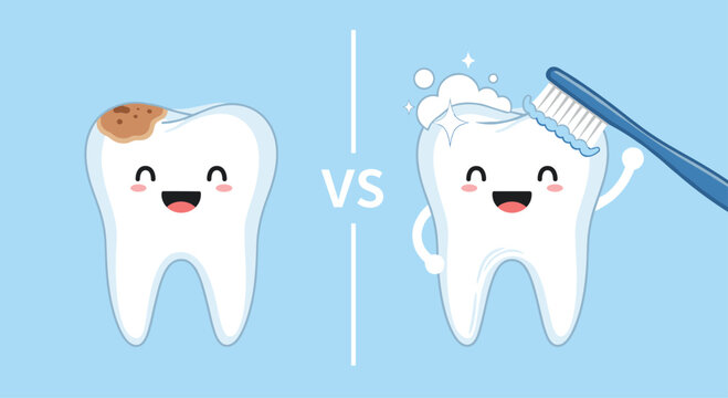 Dental health illustration compares a decayed tooth with a healthy white tooth being cleaned by a blue toothbrush.