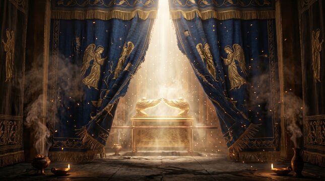 Golden Ark of the Covenant with Torn Temple Veil and Divine Light in Sacred Ancient Sanctuary