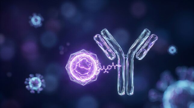 Glowing medical 3D render of a Y shaped antibody targeting a purple virus particle representing human immune system response and biotechnology