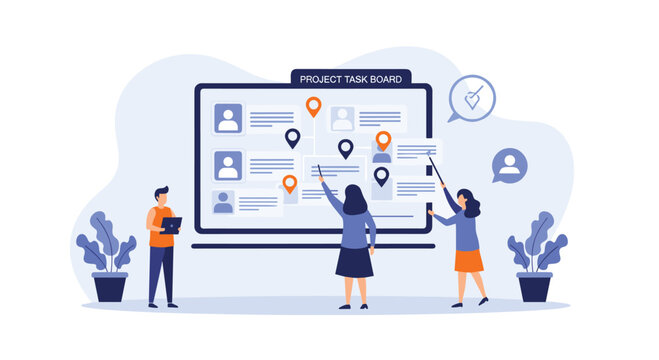 Team of professionals collaborating on a project management task board to organize workflow and track progress efficiently.