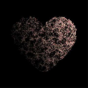 Vector abstract human heart silhouette formed by pink and gold plexus network on black background for medical technology digital health artificial intelligence and valentine romance concept
