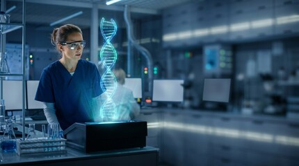 Fototapeta premium Scientist using holographic DNA model for genetic research in laboratory