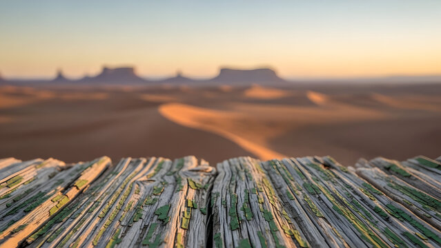 Weathered wooden planks leading to desert mesas