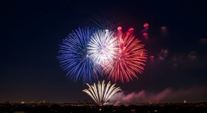 French Flag Colors Fireworks Display at Night