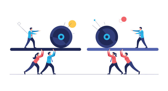 Metaphorical business illustration of teams working together to push heavy wheels forward toward a common goal.