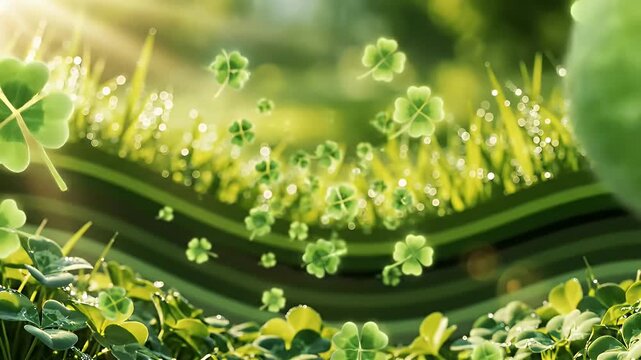 Macro close-up of vibrant green clover leaves and dewdrops in sunlight