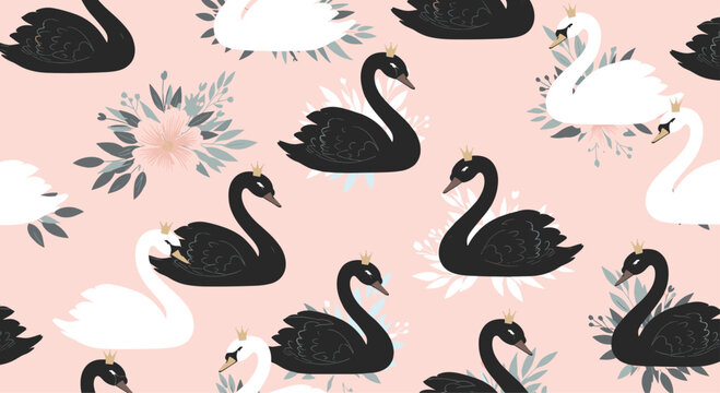 Elegant seamless pattern featuring graceful black and white swans wearing golden crowns among soft pink flowers.