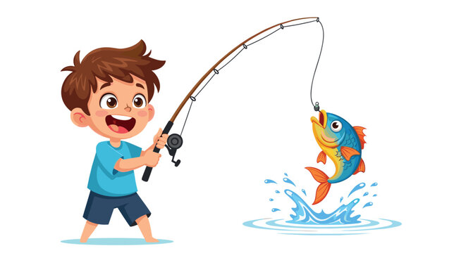Excited young boy catches a large jumping blue fish with his fishing rod while standing on a small patch of grass.