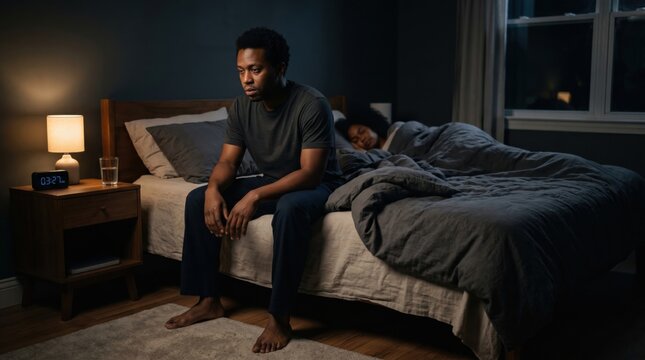 Sleepless black man sitting on bed edge while partner sleeps in background, realistic night bedroom scene showing insomnia, anxiety, mental overload and fatigue