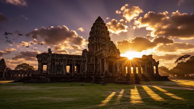 Majestic Angkor Wat silhouette at sunset, ancient temple ruins under dramatic golden sky