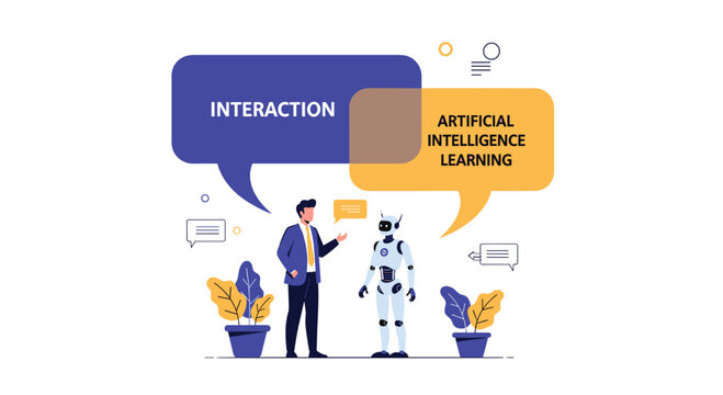 Concept illustration of a businessman and a robot interacting under large speech bubbles labeled interaction and AI learning.