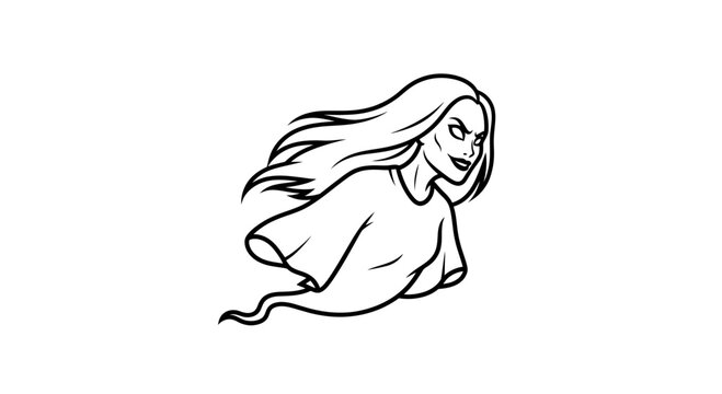 Spooky Ghost Woman Illustration - Ethereal Female Spirit with Flowing Hair and Menacing Grin
