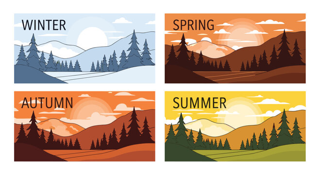 Comparative illustration of a mountain forest landscape during winter, spring, summer, and autumn featuring seasonal colors.