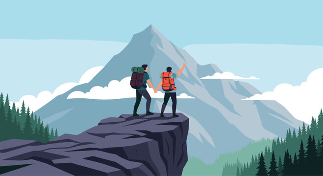 Two hikers standing on a rocky mountain cliff edge celebrating their climb with a vast peak and forest in the background.