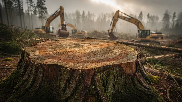 Logging deforestation environment tree stump close-up with heavy machinery operating in background, clear-cutting a forest. This represents environmental impact.