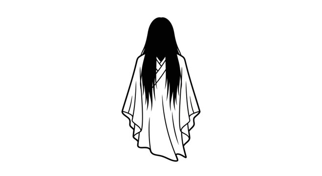 Spooky Ghost Woman Silhouette with Long Black Hair and White Robe on White Background