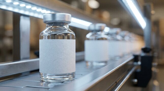 Empty glass medication vials with textured blank paper labels moving along a stainless steel conveyor belt under bright LED factory lights