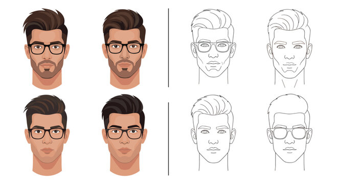 Comparison of color and line art portraits of a young man wearing glasses and sporting a stylish beard and haircut.