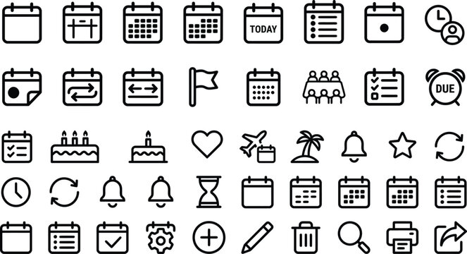 Black and white line icons set for calendar time management and organization.