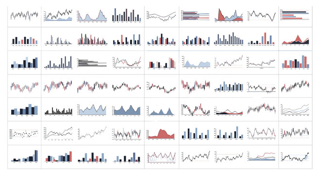 Diverse financial and statistical charts including bar graphs, line charts, and candlestick patterns for professional business data analysis.