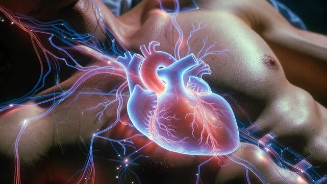 Glowing anatomical heart with vessels over bare torso in luminous style on dark background, concept of human circulation