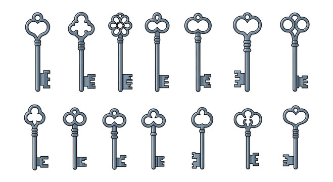 Assortment of classic ornate metal keys with different decorative head designs suitable for mystery, security, or antique themes.