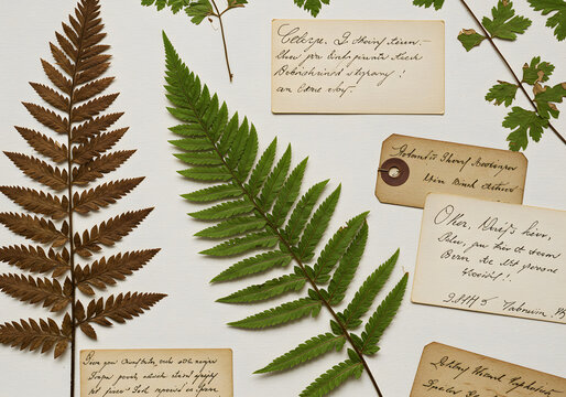 Dried fern leaves and handwritten notes