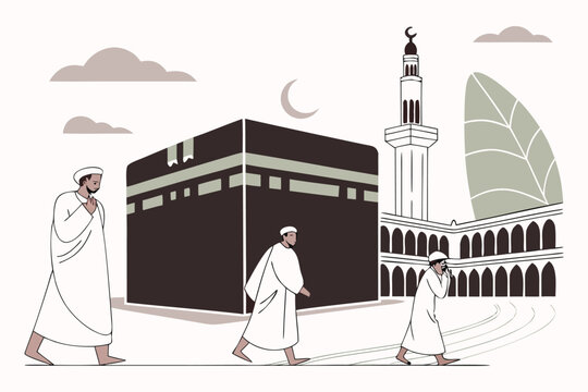 Muslims walking near the Kaaba and the mosque, flat vector illustration