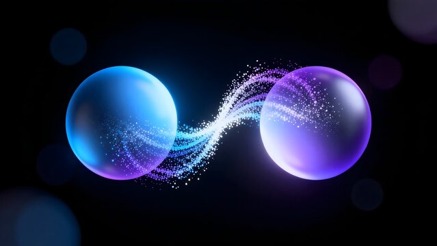 Two glowing spheres connected by light particles