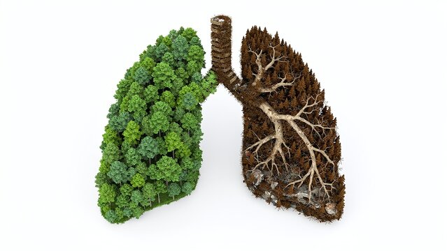 Environmental concept: healthy green forest lung contrasted with barren dead polluted lung, symbolizing climate change, deforestation, and air quality issues on white background.