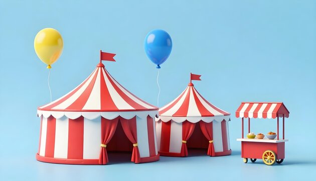 Whimsical circus tents and balloons create a festive and playful atmosphere on a blue background
