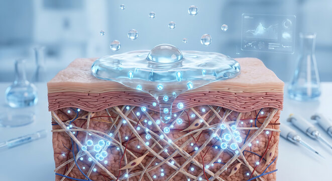 Deep Hydration Skin Anatomy with Blue Molecule Bubbles Absorbing into Dermis Layer for Moisture Boost Concept.