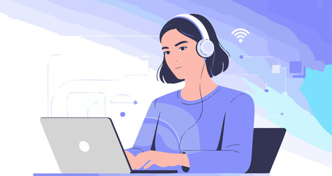 Professional young woman wearing headphones while working on her laptop to complete remote digital tasks within a modern virtual environment