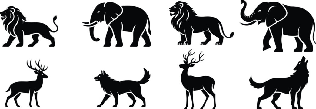 Collection of silhouette wildlife animals including lions elephants deer wolves with black and white