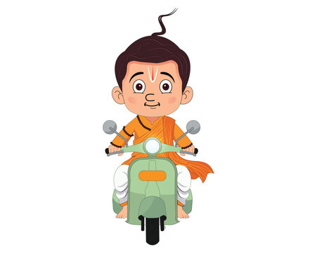 Little Hindu Pandit Riding Electric Scooter in Saffron Dress Vector Illustration 