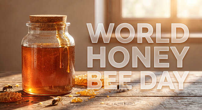 Bee honey bottle on a wooden table. World honey bee day.
