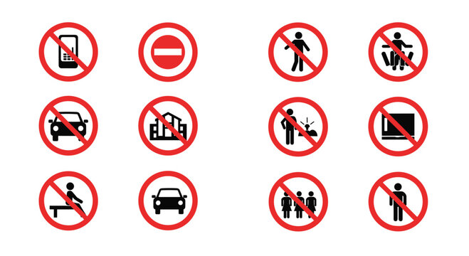 Comprehensive set of prohibition signs featuring red circles with crossbars over various prohibited actions and objects.