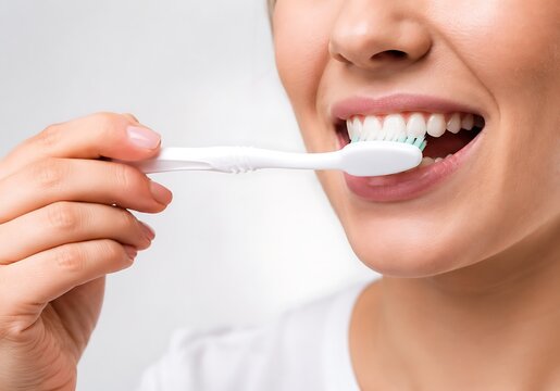 Close-up of young woman brushing healthy white teeth with toothbrush for oral hygiene and dental care