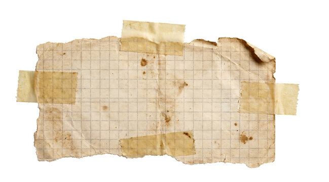 Old yellowed squared paper torn fragment with adhesive tape strips, transparent background, vintage