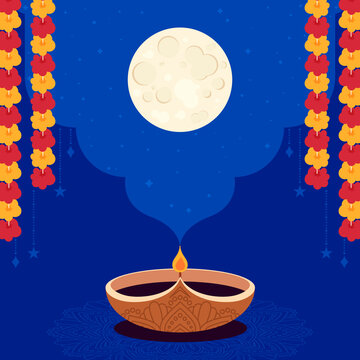 Karwa Chauth Diya and Moon Illustration