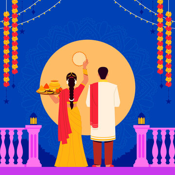 Karwa Chauth Couple Celebration Illustration