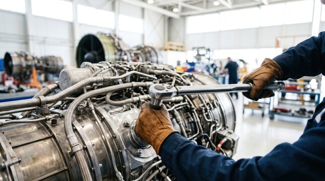 Technician using a torque wrench to tighten a critical bolt on an open aerospace engine. High-precision maintenance and manufacturing in a bright, clean High-Key industrial environment.