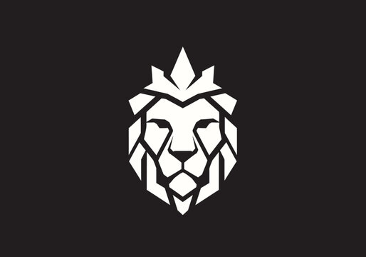 Minimalist geometric lion head logo with crown on black background